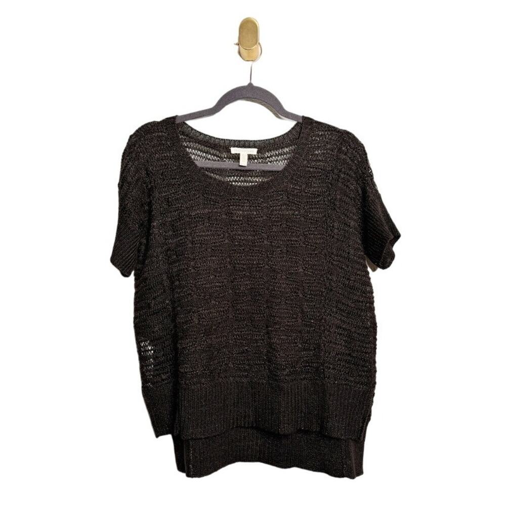 Eileen Fisher Italian Yarn Linen Cotton Blend Knit Short Sleeve Top Brown XS